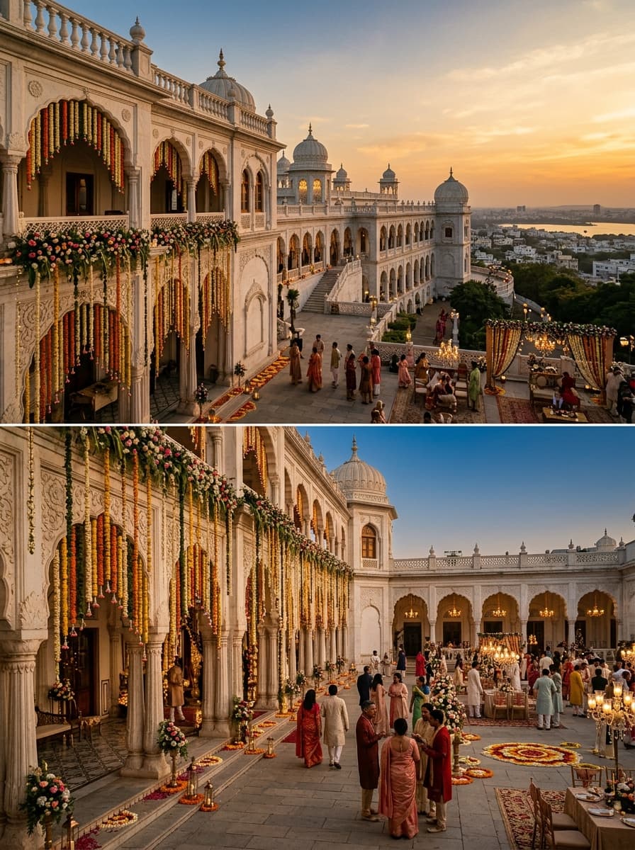 A stunning heritage palace in Hyderabad set up for an elegant wedding celebration at golden hour