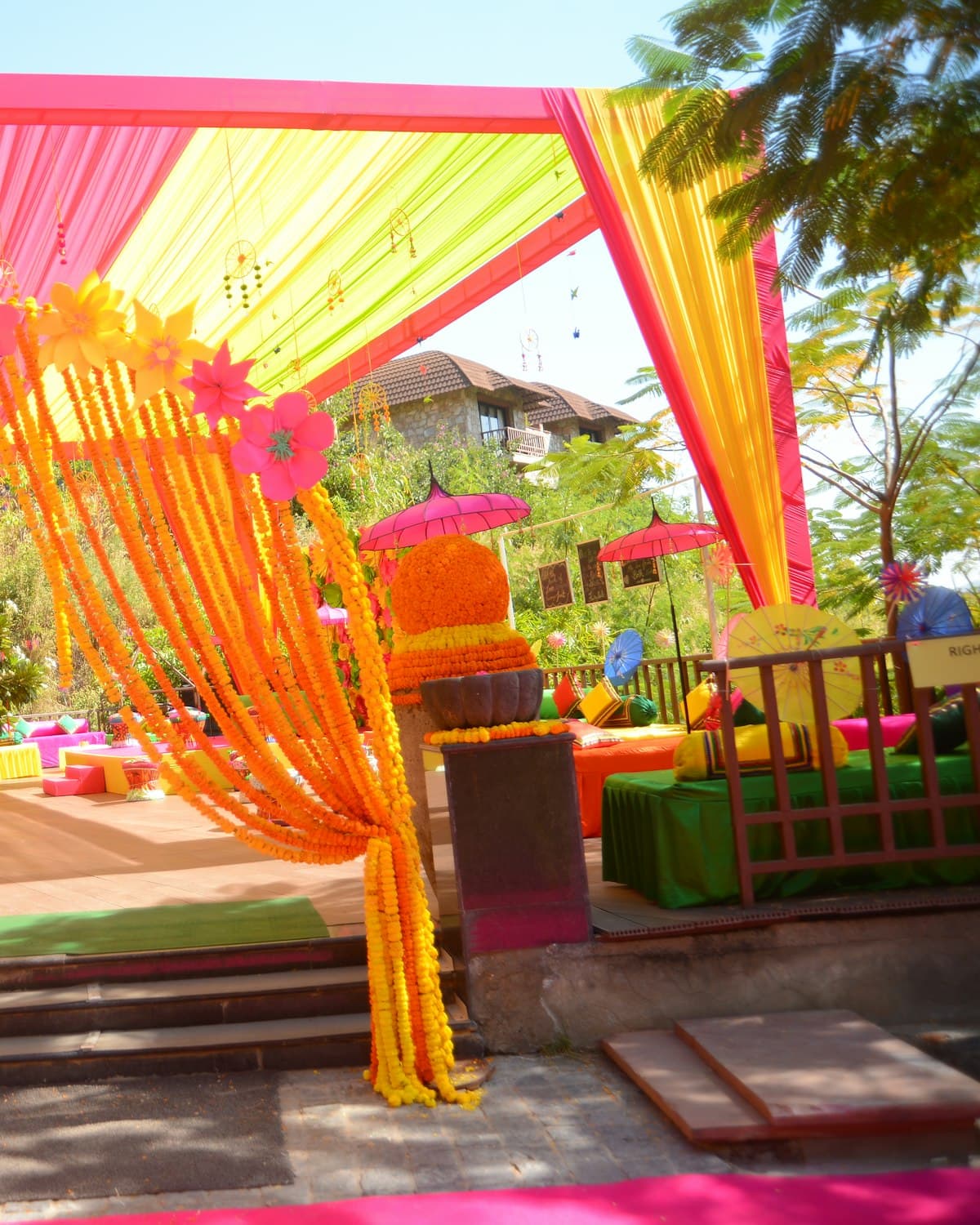 A decorated entrance arch at an evening reception